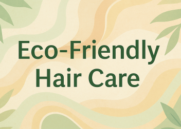 Illustration of leaves blending with abstract hair patterns in pastel colors with the title 'Eco-Friendly Hair Care'
