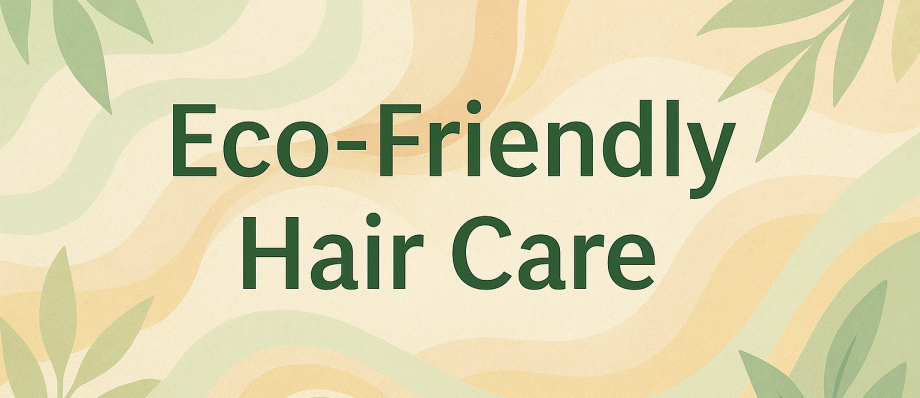 Illustration of leaves blending with abstract hair patterns in pastel colors with the title 'Eco-Friendly Hair Care'