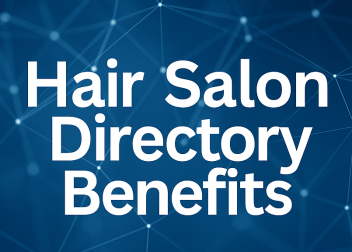 Blue network with nodes and lines and the text 'Hair Salon Directory Benefits'