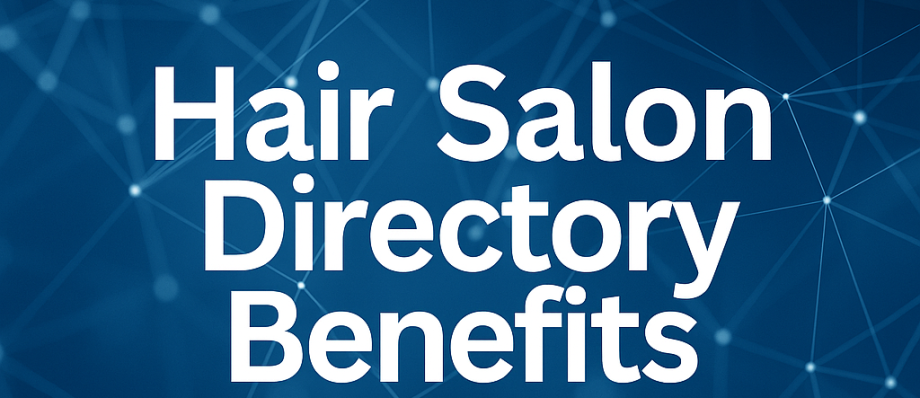 Blue network with nodes and lines and the text 'Hair Salon Directory Benefits'