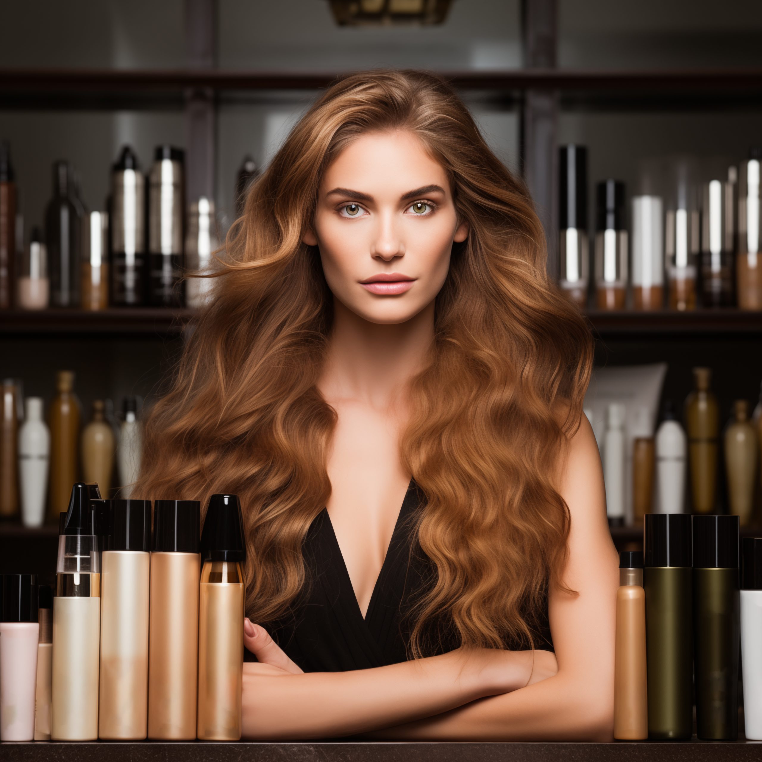 A beautiful model with healthy heair care product kit